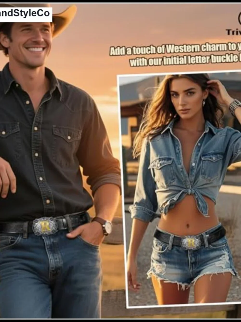 Western Cowboy Belt with Initial Letter Buckle PU Leather Engraved Belt for Men